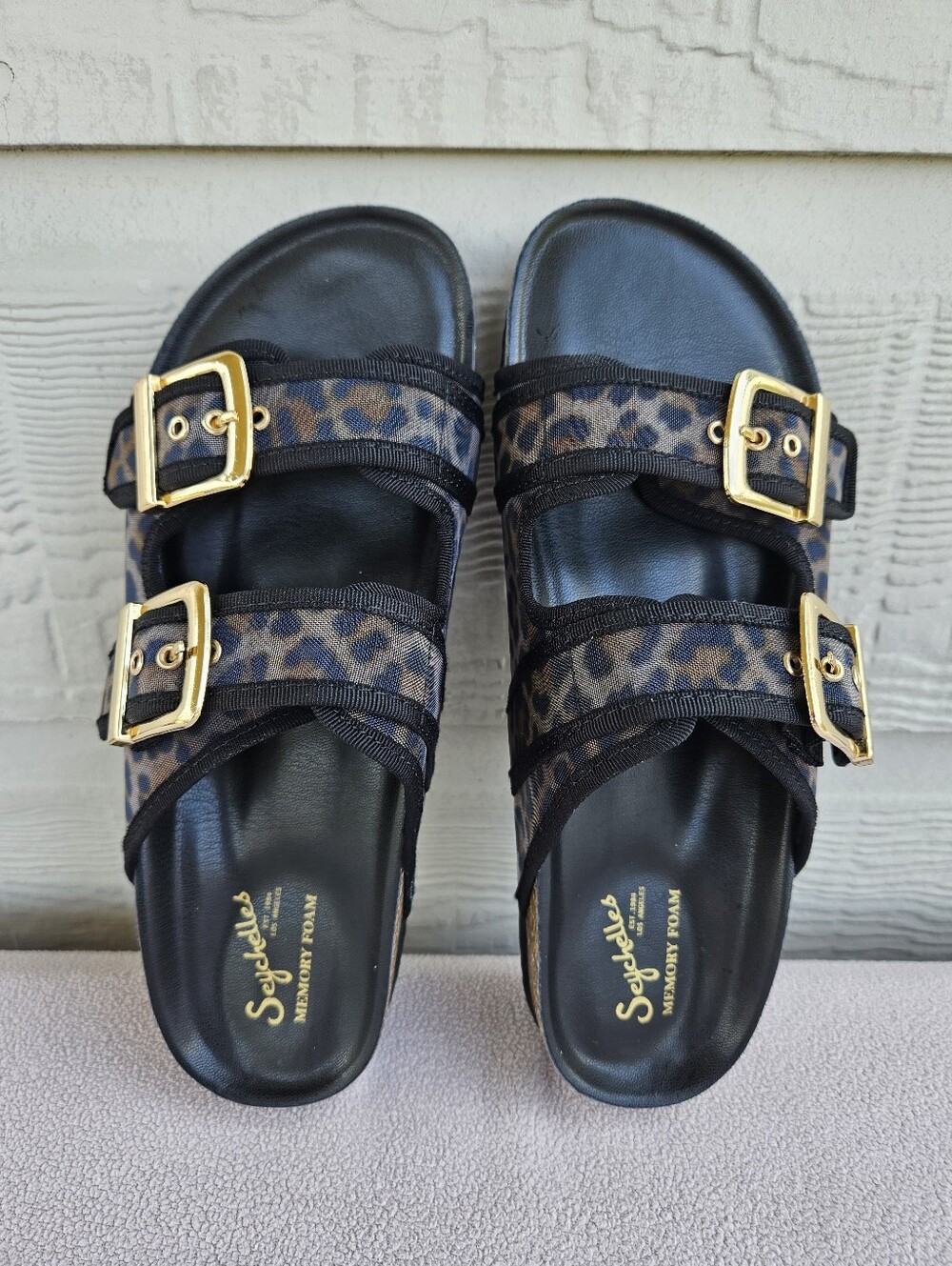 Seychelles Leopard Print Black Slide Sandals with Gold Buckles